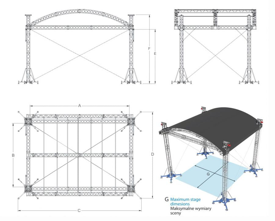 ProFlex Arched Shape Roof system, 390mm (15.35") Square  Truss Construction. Canopy and Walls included.